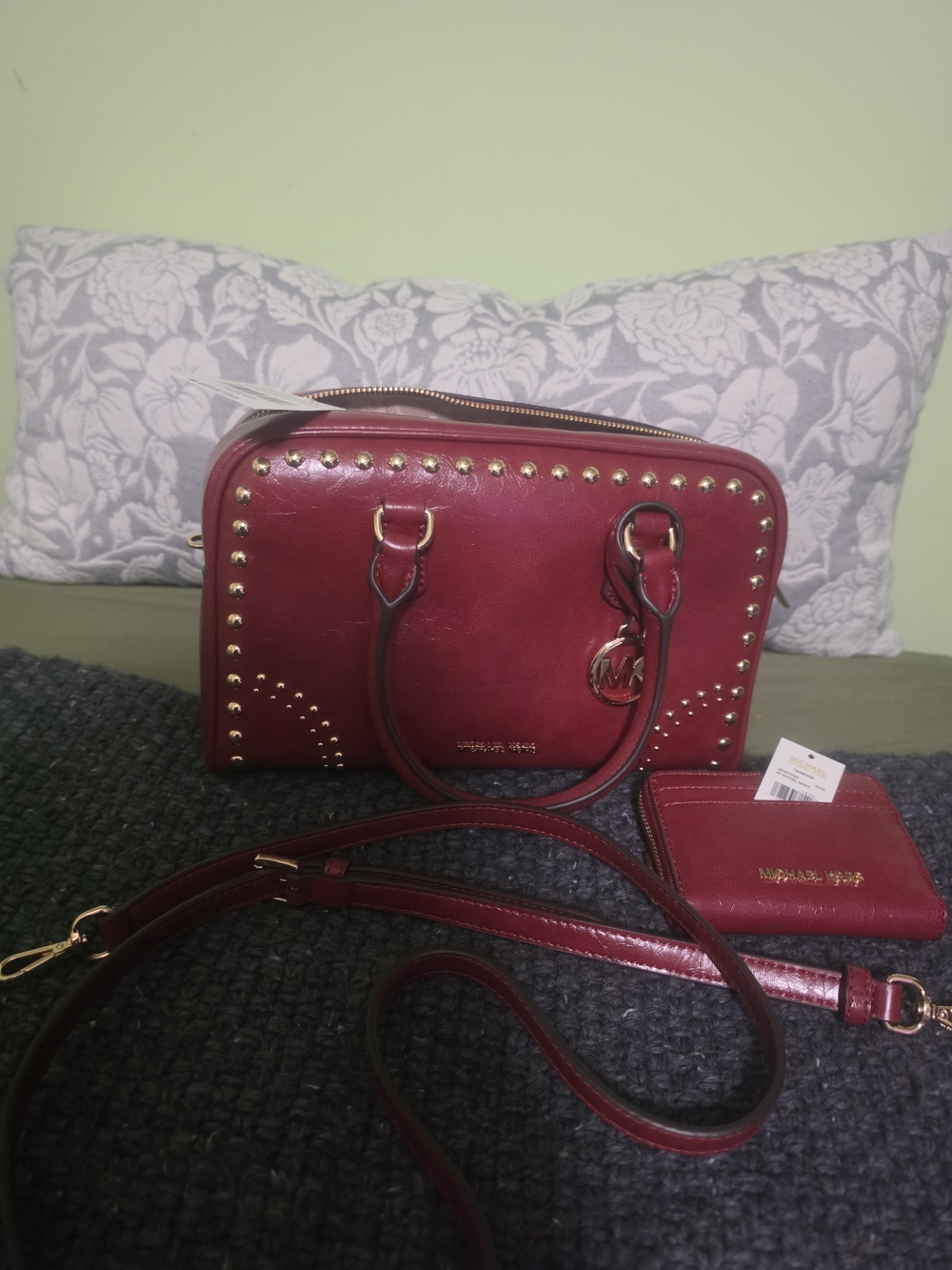 Michael Kors Red Studded Satchel Crossbody with Matching Wallet
